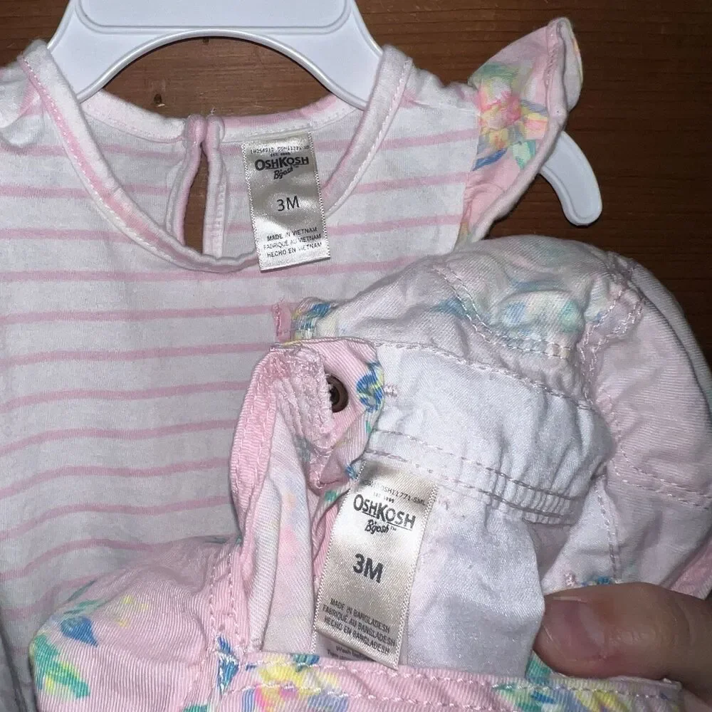 OshKosh B'gosh Baby Pink Floral Matching Set Size 3 Months Shortalls Snaps